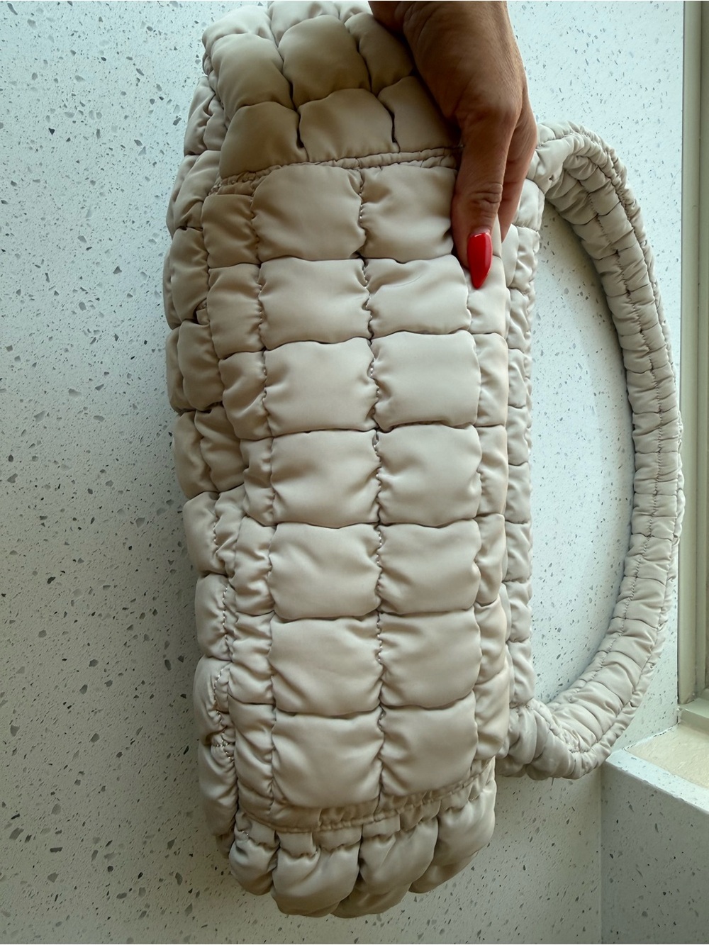 Free People Inspired Cream Puffy Quilted Tote Shoulder Bag - Picture 4 of 10